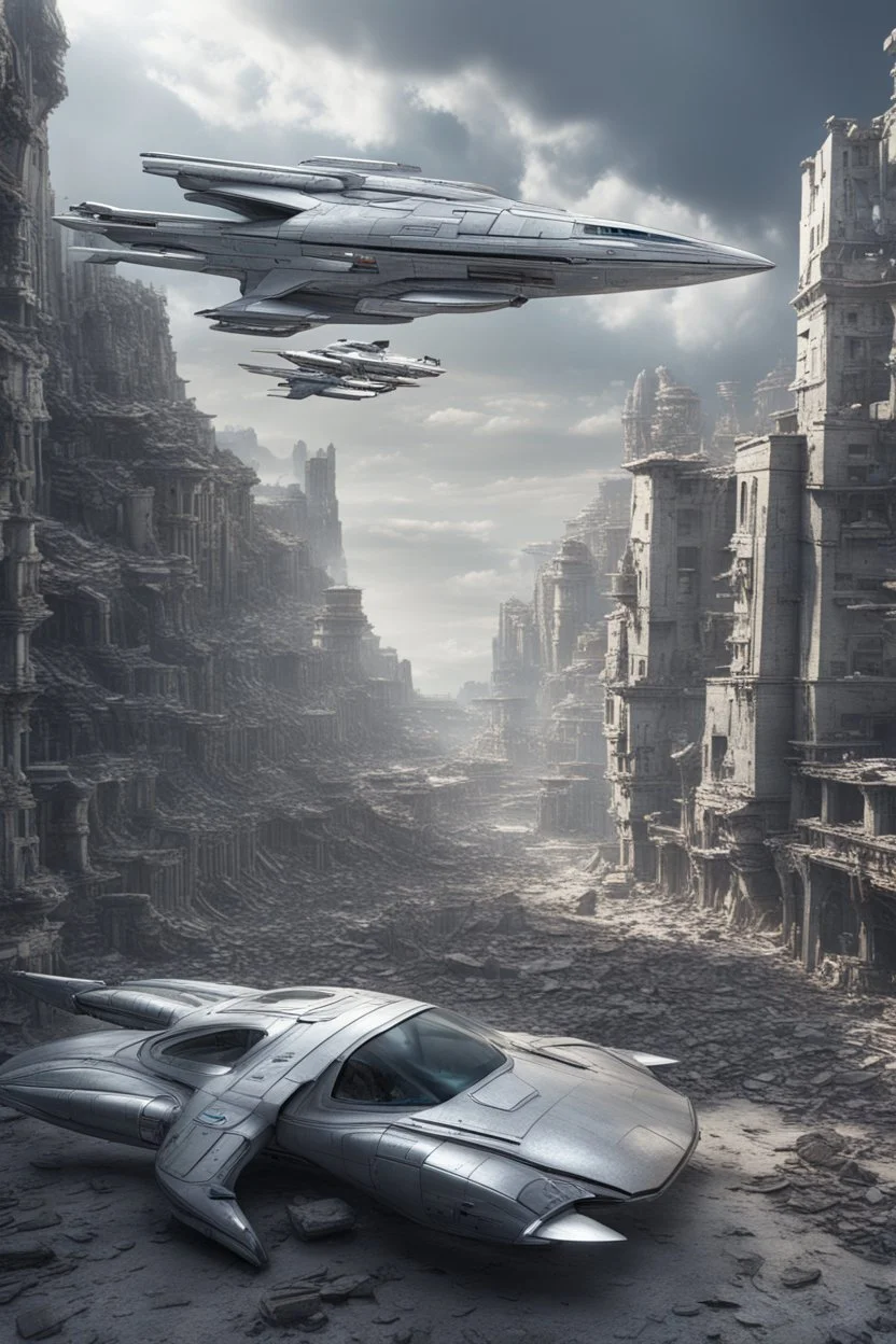 a photorealistic sleek silver spaceship flying over a futuristic ruined city