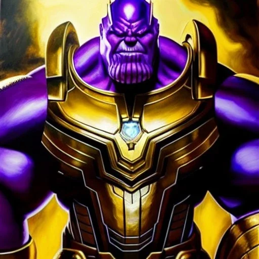 fullbody portrait in oil on canvas of Thanos with Big Golden Hulkbuster armor, intense stare, masterpiece, realistic, intricate detail, sci-fi fantasy style, volumetric lighting, particles, highly detailed ,cinematic , deep colours, 8k, by Kaare Andrew and Robert E Howard and Ken Kelly