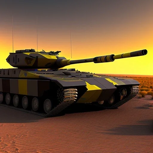 Wide desert view of Military hovertank from the future, 4k, highly detailed, hovering, axles, at sunset storm