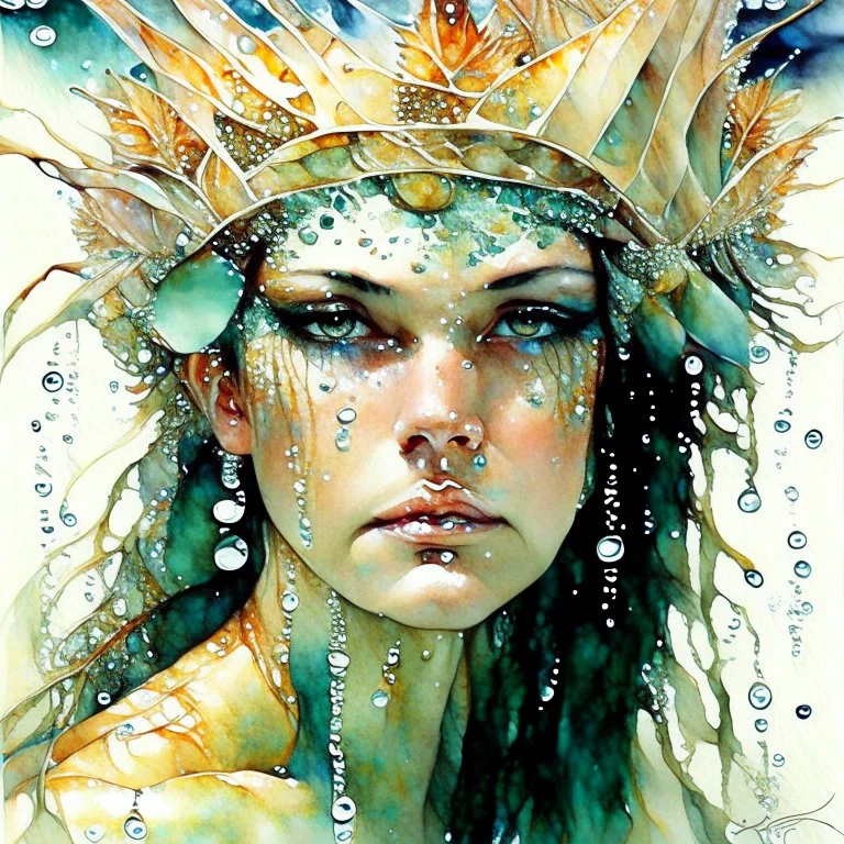 Water goddess, perfect face, watercolor, wet on wet, splash effect, splash, wearing a head crown made of lion fish, starfish, shells, and pearls, green eyes, Steve Hanks Modifiers: high definition ultra detallado alta definición colores imperiales muy atractivo ultra realista alto detalle elegante hermoso arte acrílico muy lindo premiado Miguel Án