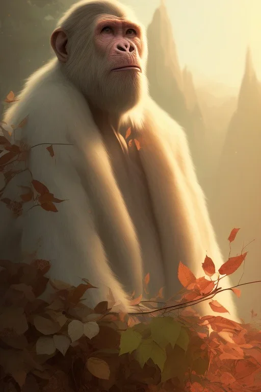 Ape portrait , detailed hands, at dawn by atey ghailan, golden light , white robe, holding leaves and flowers , angels background, volumetric light, high detail, red leaf tree, mountains in background, perfect