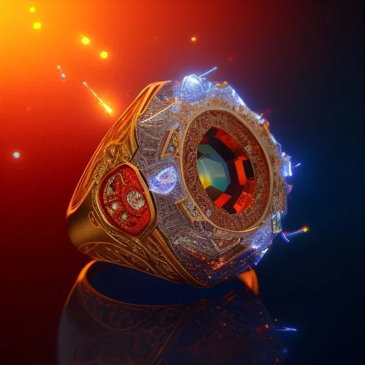 Ring made by wood roots and shreds of glass, orange diamonds sparkles, red rubi fragments around, blue lights reflexes, complex structure, gold details, intricate ring pattern,Unreal Engine 5, macro lens,sharp focus, photorealistic, hyper detailed, studio lighting, neon light ambient, cinematic