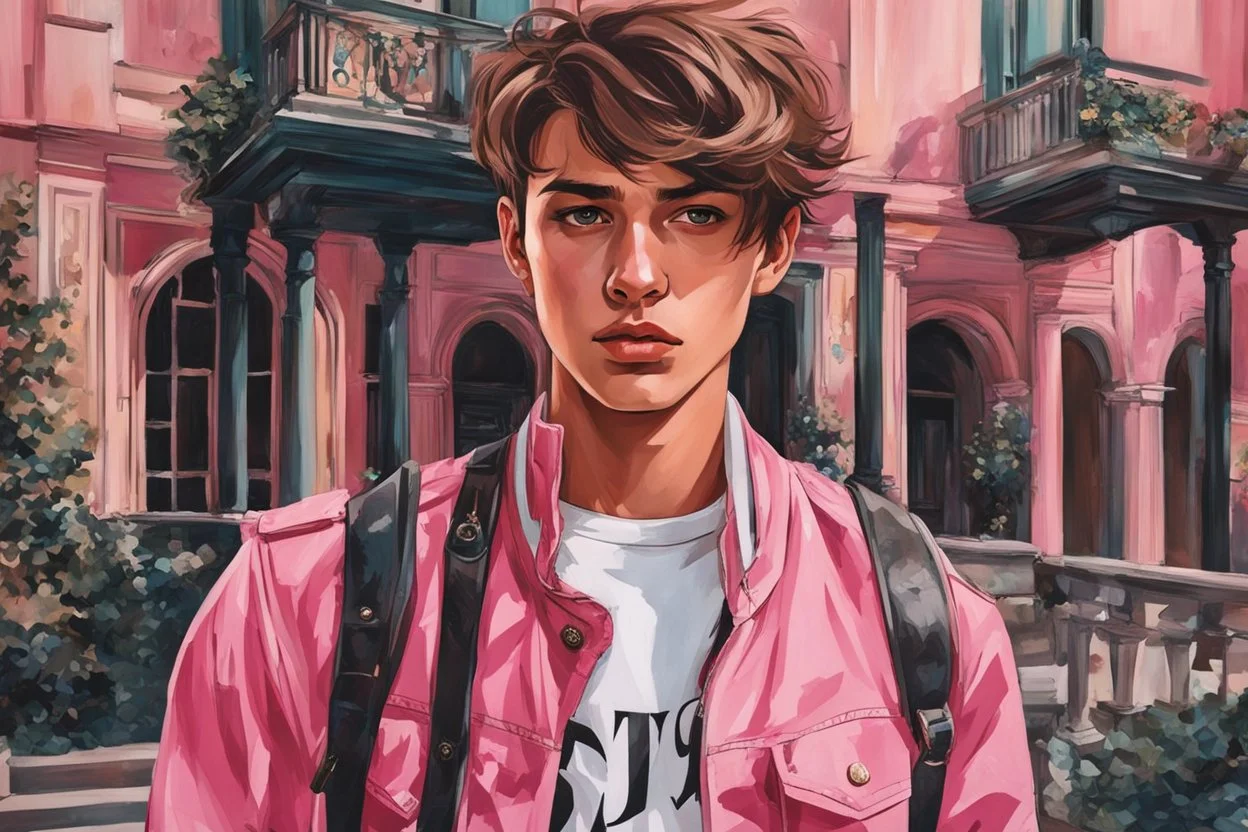 close up headshot portrait of beautiful teenage boy who looks like a girl, brown hair, red eyes, pretty body, pretty legs, perfect face, Wadim Kashin, James Gurney, Ink, splash art, amazing beauty, college courtyard background, has pink accents on clothes