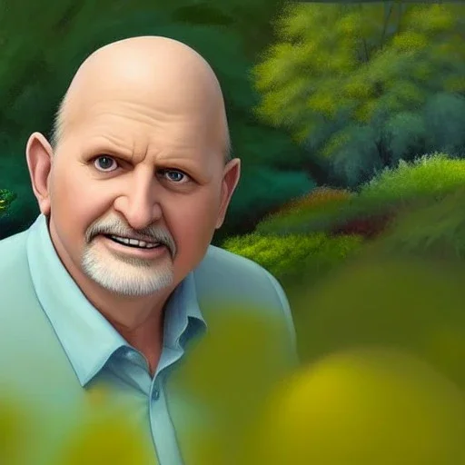 pixar style, volumetric summer garden environment and background, realistic painting of Jim cramer, looking excited, detailed digital painting, extreme dense and fine fur, anime, ornate, colour-washed colors, elegant, small minutiae, tiny features, particulars, centered, smooth, sharp focus, renderman gofur render, 8k, uhd, detailed eyes, realistic shaded volumetric lighting, sunlight caustics, backlight, centered camera view