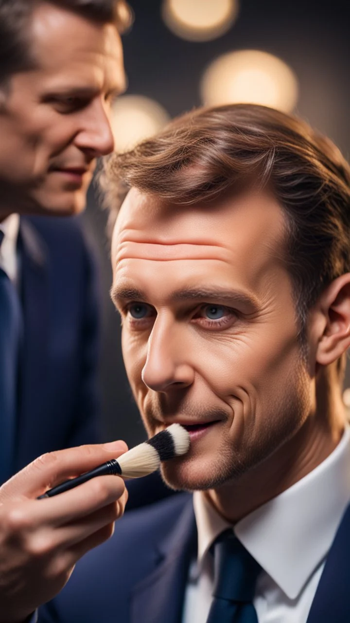 Macron putting on make up in studio,bokeh like f/0.8, tilt-shift lens 8k, high detail, smooth render, down-light, unreal engine, prize winning