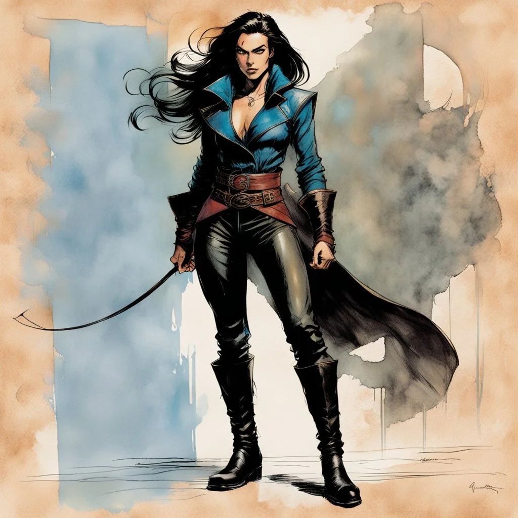 Create a calligraphy styled drawing of an epic fantasy Lankhmar female thief character, slim in stature, with shoulder length hair, finely lined and detailed facial features, in an fur collared leather doublet and breeches , a short oriental cloth belt at the waist, stealthy soft leather slippers, , in the comic book style of Bill Sienkiewicz, Howard Chaykin, Mike Mignola, Philippe Druillet, and Jean Giraud Moebius, precisely drawn, colored and inked,