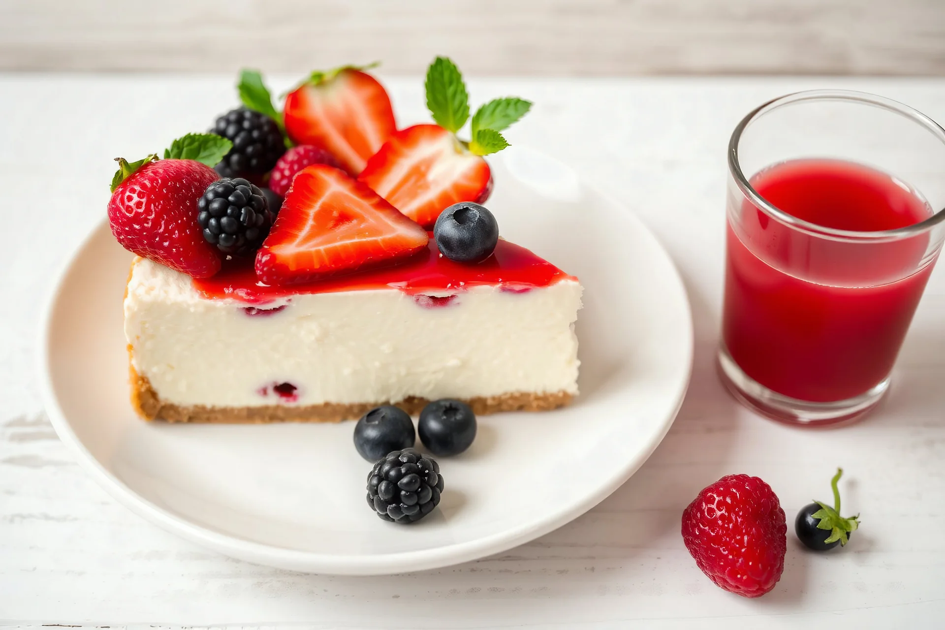 A slice of cheesecake with strawberries, blueberries and raspberries on top of a white plate. A glass of red juice is next to the plate