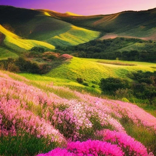 paysage collines roses, coucher de soleil, fleurs