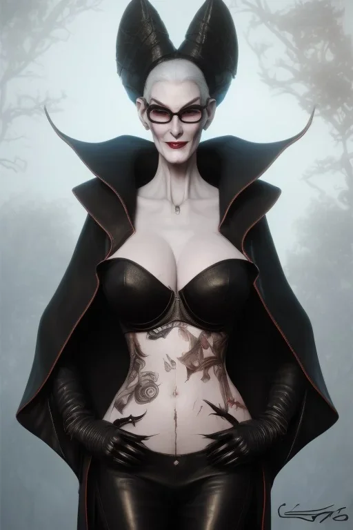 Carmen Dell`orifice as evil queen in black leather, leather, busty, cleavage, angry, stern look. character design by cory loftis, fenghua zhong, ryohei hase, ismail inceoglu and ruan jia. unreal engine 5, artistic lighting, highly detailed, photorealistic, fantasy