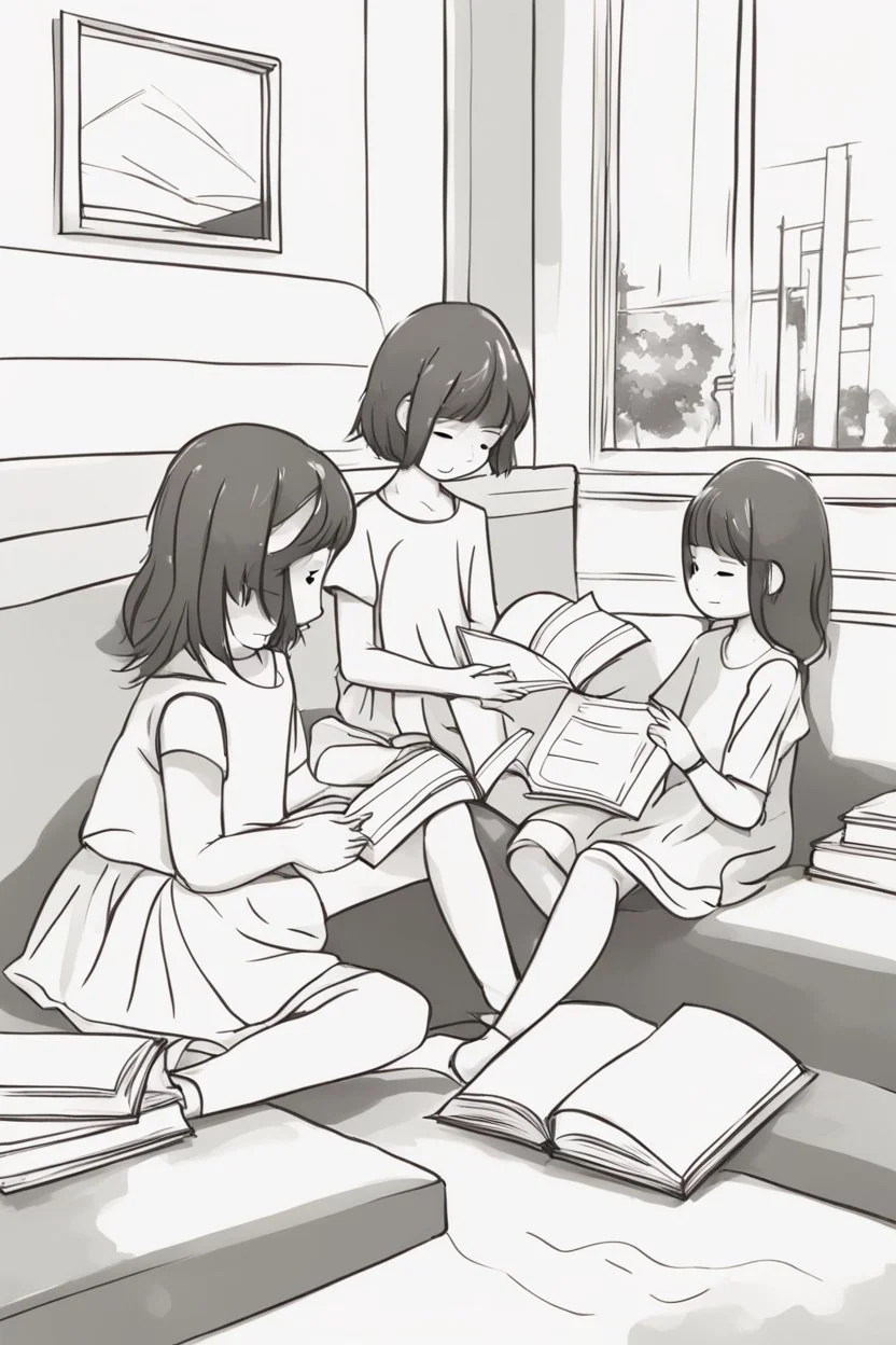 Little girls sitting together, reading books with rectangular-shaped pages. Incorporate rectangles for the books, bookshelves, and cozy reading nooks.,very happy , Colloring page for todlliers ; basic hawali style cartoon , black and white , ink outlines , , smooth , anime style , minimalist , cute eyes , full body , white shose , sketchbook , realistic sketch , free lines , on paper , character sheet , clean line art high detailed