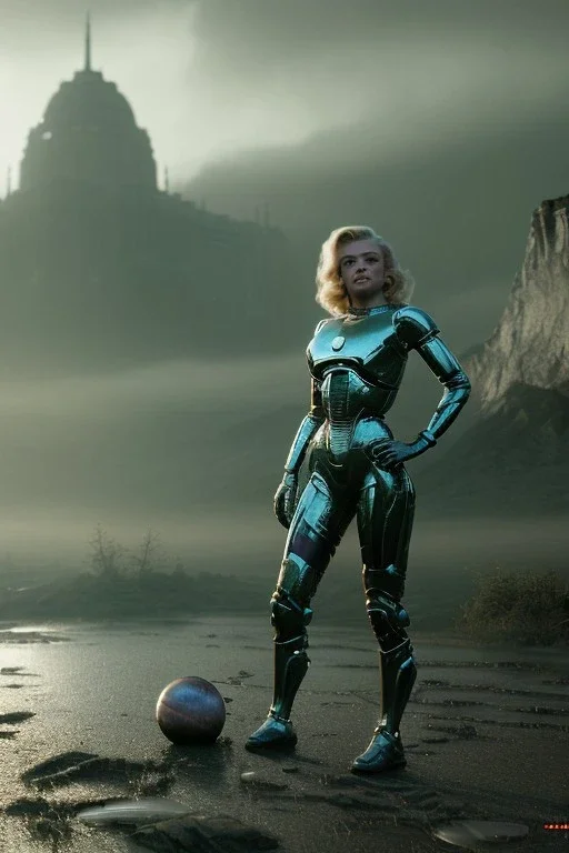 Ultra Realistic retro sci-fi scene, portrait, blonde woman, sweet young Marilyn Monroe face, perfect iris, tight latex coat, Strange planet background, helmet. Spaceship, fog, rain, soft color, highly detailed, unreal engine 5, ray tracing, RTX, lumen lighting, ultra detail, volumetric lighting, 3d, finely drawn, high definition, high resolution.