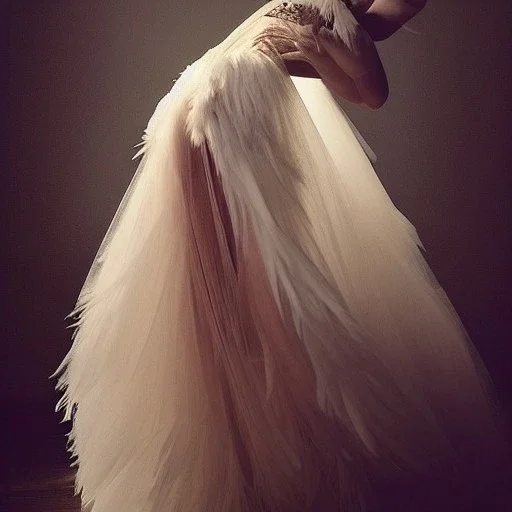 dress made out of feathers and tulle, stunning colors, chiaroscuro, fashion photography, vogue, dramatic, beautiful lighting, delicate composition, aesthetic, ballerina, ballgown