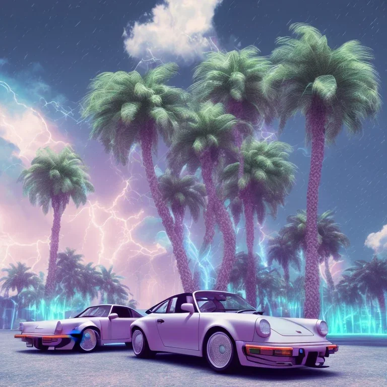 1980's aesthetic vaporwave palm trees and spheres and Porsche with lightning