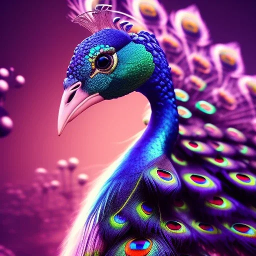 peacock face,surreal, Unreal Engine 5, lens macro,sharp focus, realistic, hyper detailed, studio lighting, neon light ambient