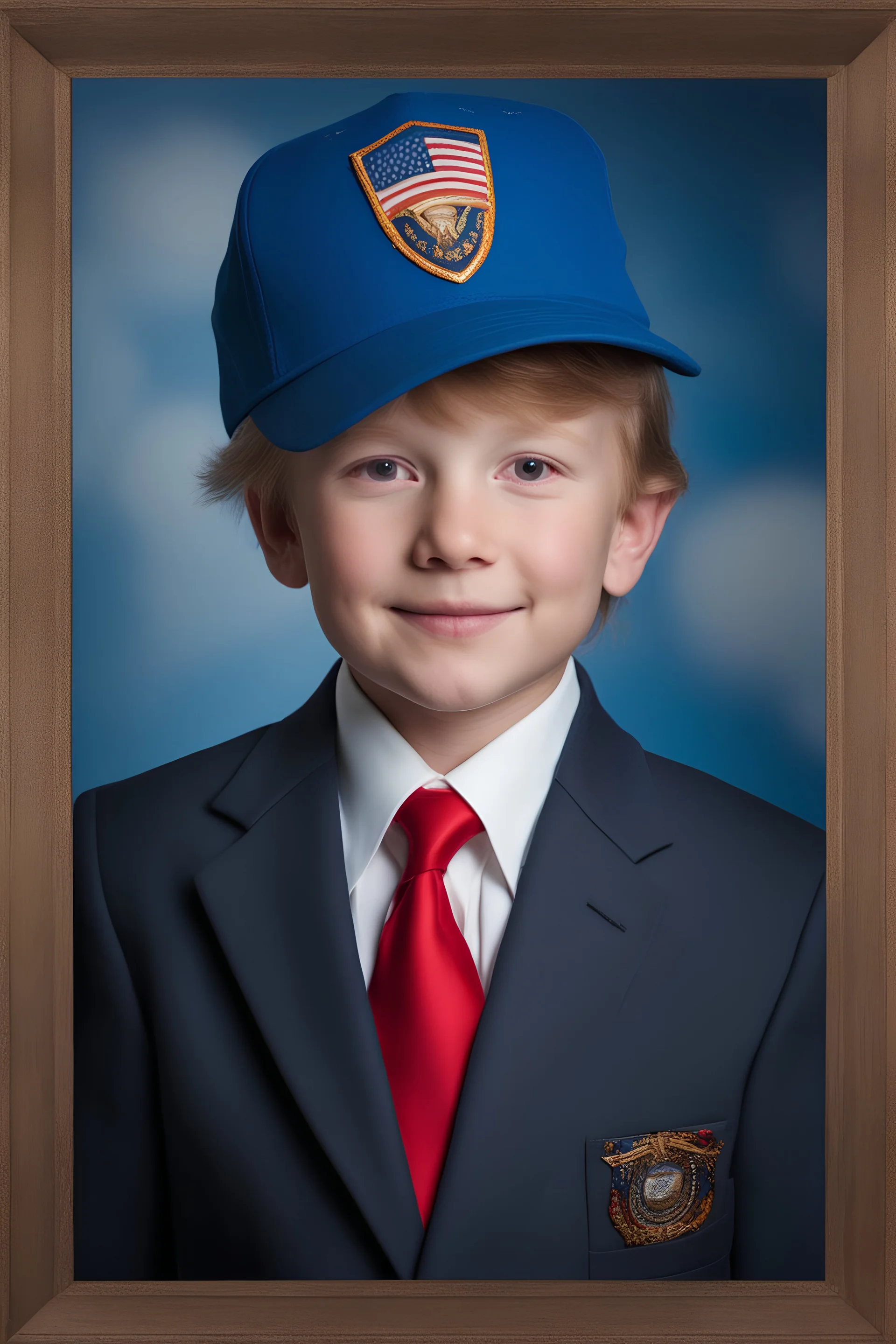 facial portrait - 10-year-old Donald Trump is posing for his school picture - wearing a three-piece suit and a red MAGA sports cap - Sparkling, Sky blue Background, professional quality studio 8x10 UHD Digital photograph by Scott Kendall - multicolored spotlight, Photorealistic, realistic stock photo, Professional quality Photograph. colored Fog