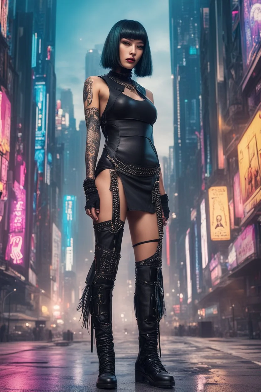 full-body-art of a woman with a bob with a fringe hairstyle, Cleopatra clothing, black knee-high boots, cyberpunk city background