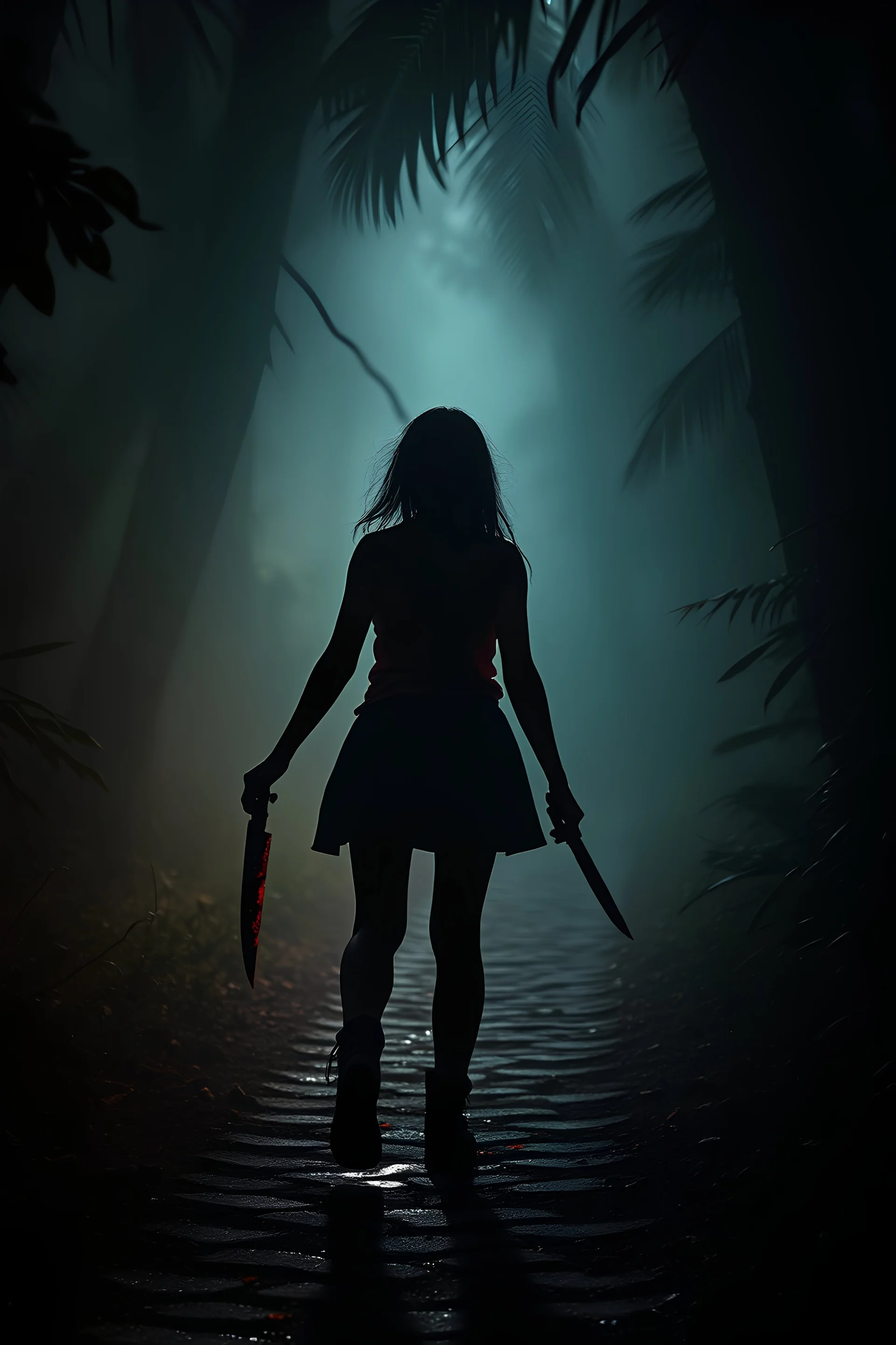 realistic scene surrealis horror, silhouette girl from back holding a bloody machette walking in the jungle path, bold mist, fog, cinematic, dramatic lighting