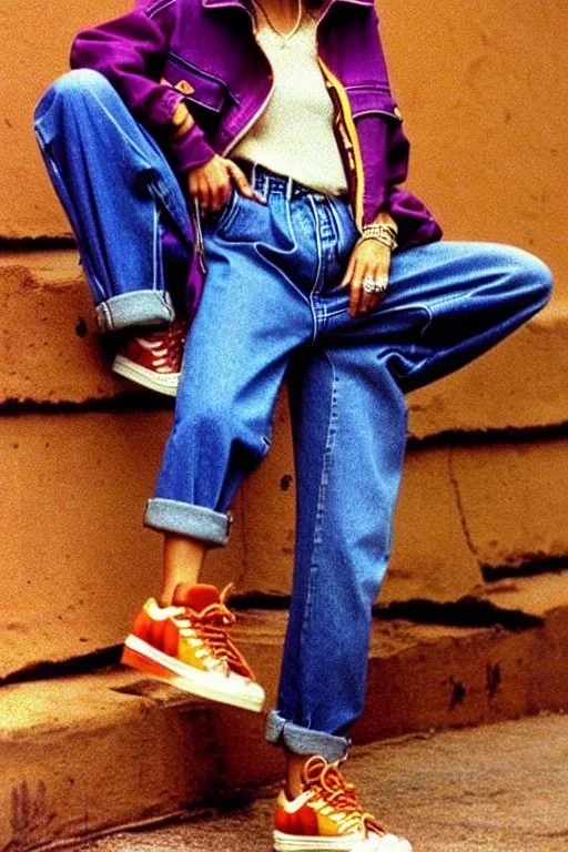 year 1996 denim fashion. Loose fit, low waist, baggy. Colors: denim blue, blue, purple, khaki, light green, lilac, plum, orange, terracotta, red, pink, dark blue, beige. Women models. Patterns: cheetah, balls, stripes.Jennifer Lopez, Gwyneth Paltrow, . Big tennis shoes on. Cargo pants