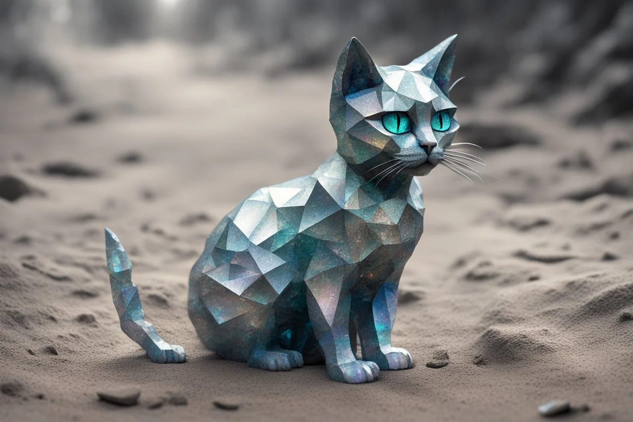 Low-resolution blurry shot of a dull crystal sculpture in the shape of cat discarded on a barren dirt path The sculpture is chipped and cracked with iridescence colors The background is a dull gray and there is sunlight to create vibrant effects The overall image is bleak and depressing suggesting the end of spring and the absence of hope Weight:1 detailed matte painting deep color fantastical intricate detail splash screen complementary colors fantasy concept art 8k resolution Unreal Engine 5