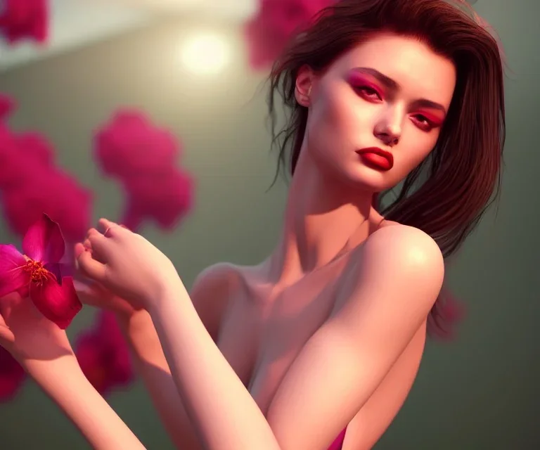 Realistic detailed perfect face portrait of a insane young beautiful top model woman in short open dress. Sensual, volumetric lighting, Unreal Engine 5, 3D Animation Quality, Octane Rendering. A masterpiece. There are water, flowers, vivid colors.