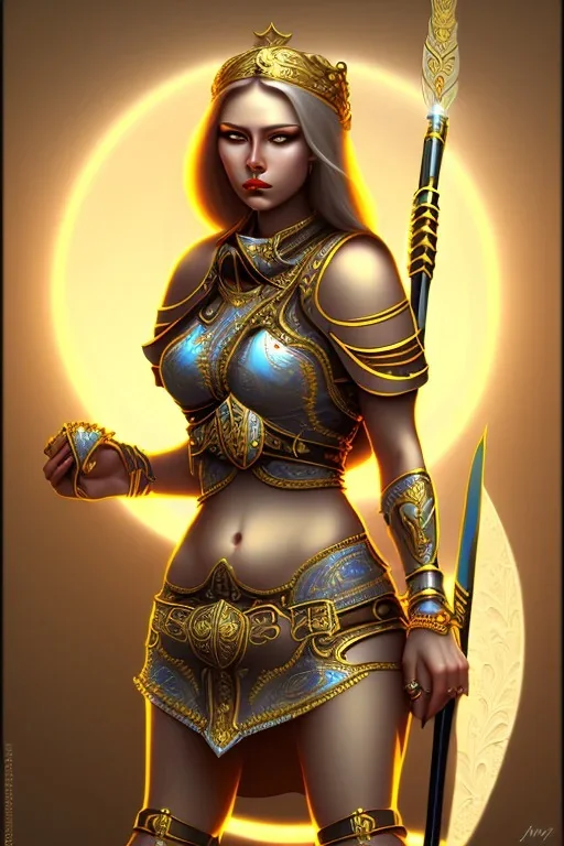 lady warrior with gold short top and flower