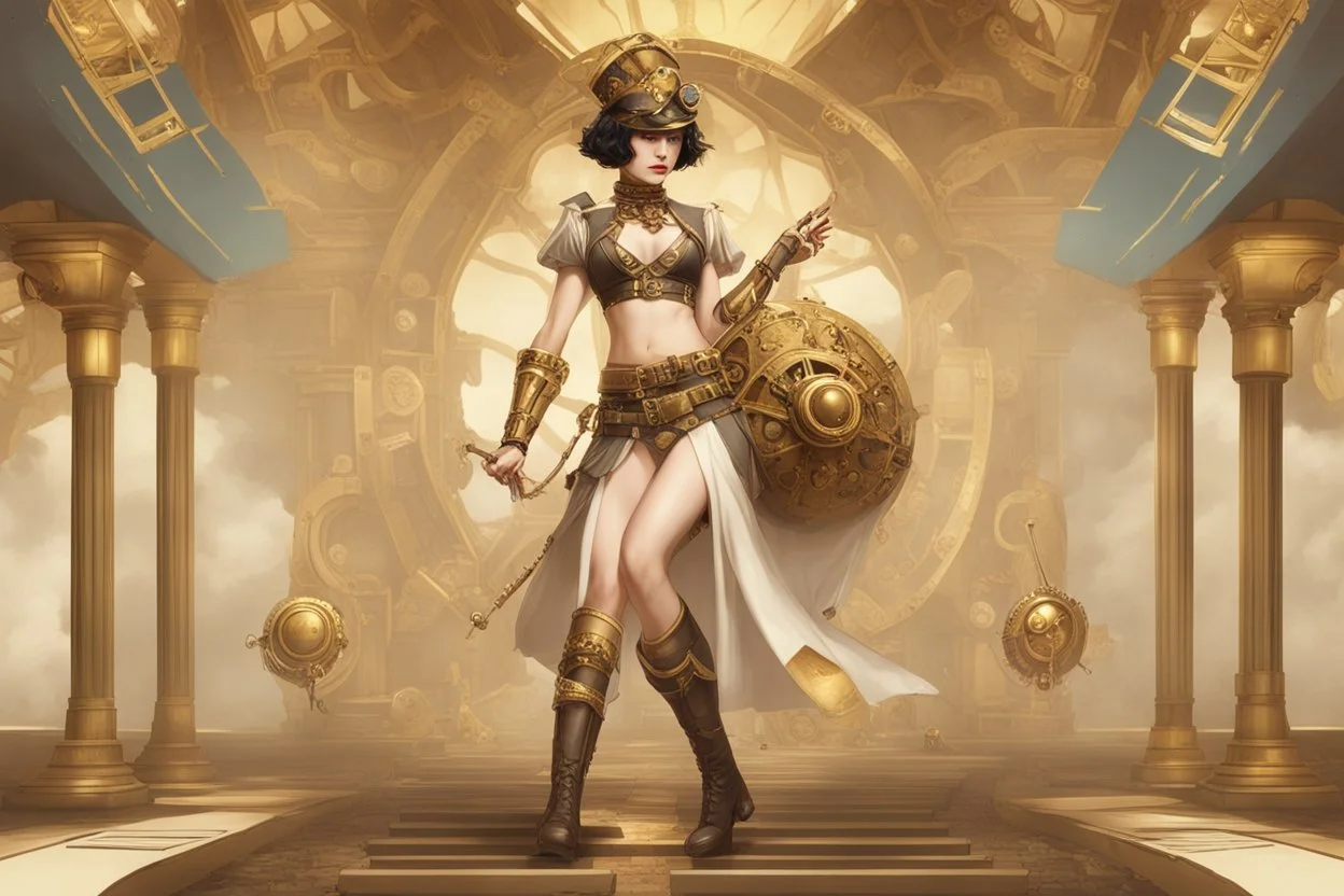 a slim, pale-skinned, slim Cleopatra, with a bob hairstyle, in a steampunk setting, gold boots, in a fighting stance