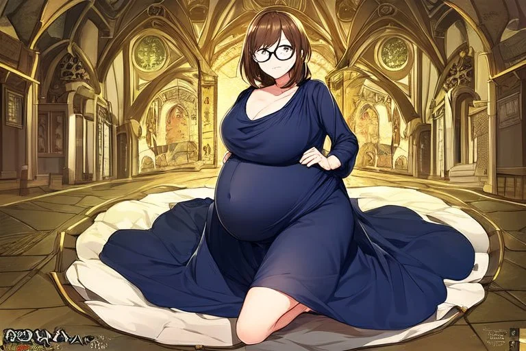 full body of a brown haired anime manga pregnant girl in dark blue dress with eyeglasses