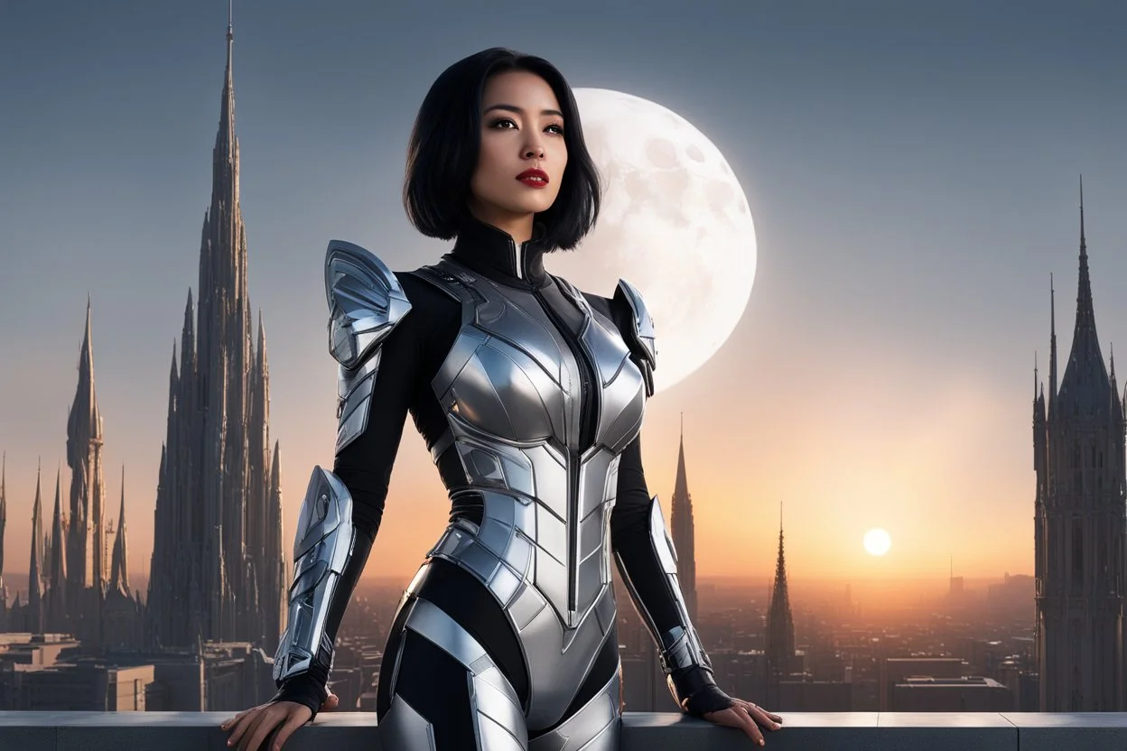 A slim Woman With Black shoulder length hair, Wearing a silver and black android-looking suit, standing sideways On a ledge of a building, with a moon Behind Her Head, towering spires and buildings highlighted by the setting sun