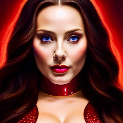 Ultra detailed fullbody Portrait in oil on canvas of beautiful fit busty Scarlet Witch,wearing minimal skintight suit, extremely detailed digital painting, extremely detailed face,crystal clear Big Glowing eyes, mystical colors ,perfectly centered image, perfect composition, rim light, beautiful lighting, 8k, stunning scene, raytracing, anatomically correct, in the style of robert e howard and Ken Kelley and Ohrai Noriyoshi and Simon Bisley and tomzj1