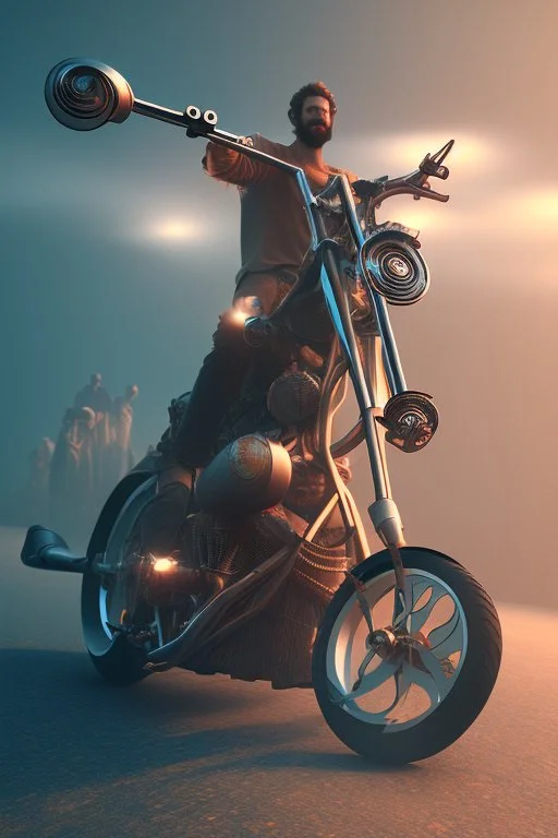 jesus riding chopper bike, volumetric fog, 4k, trending art, depth of field, radiosity