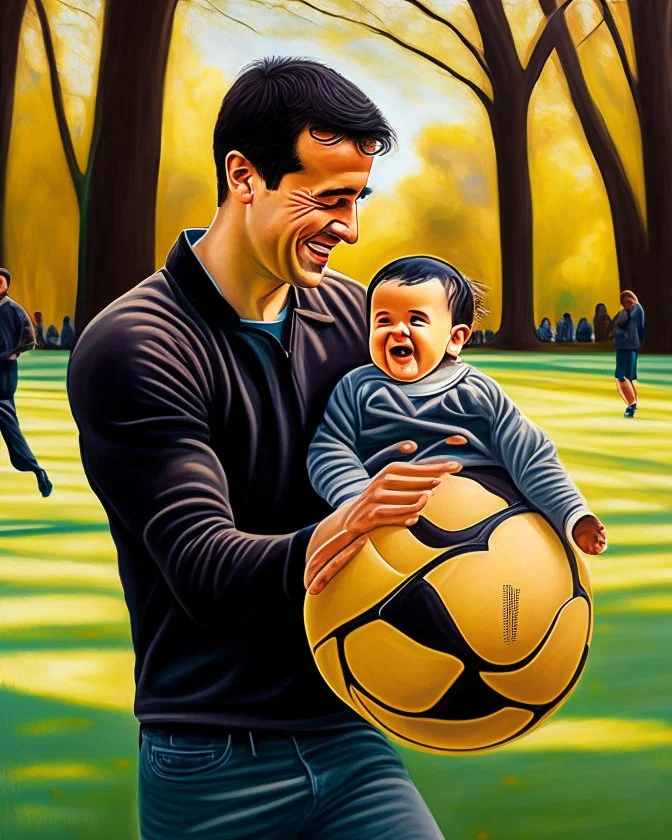 Papá alegre con su bebe jugando pelota en el parque felíz cuerpo completo colores contrastantes obra de arte arte moderno impactante detallado ojos marrones pelo negro hiperrealista 8k coherente