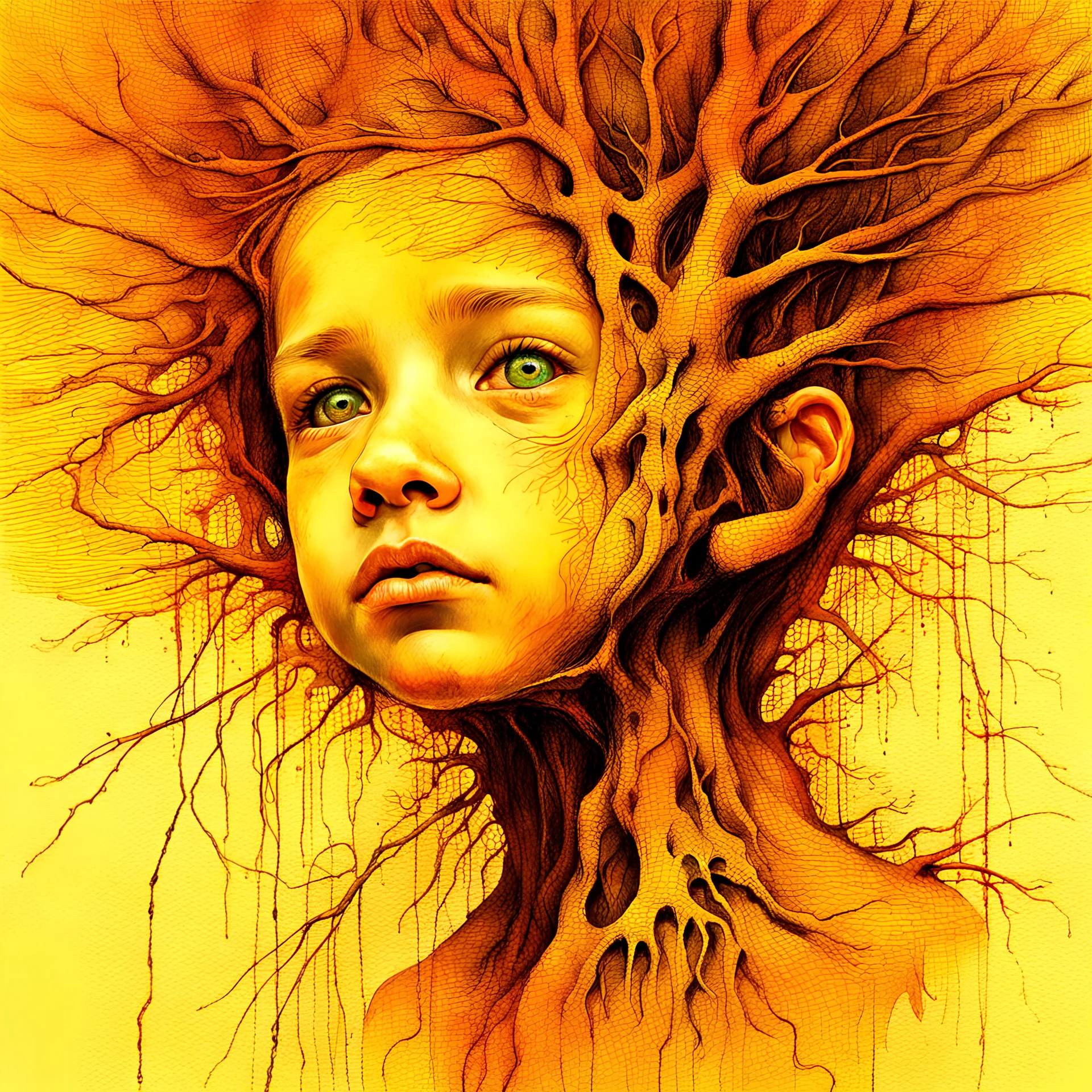 The Face of Childhood Trauma Taking Root, by Peju Alatise & carne griffiths & Zdzisław Beksiński, full head & neck depicted, clean, clear accurate facial features, symmetrical eyes,deftly depicted with incredible expressiveness & depth, visibly furrowed brow, distinct tree roots & branches Modifiers: sharp focus realistic elegant fantasy Zdzisław Beksiński no text insanely detailed Surrealism Tom Bagshaw Engraving accurate and proportional human anatomy reflective lighting symmetrical eyes Ver