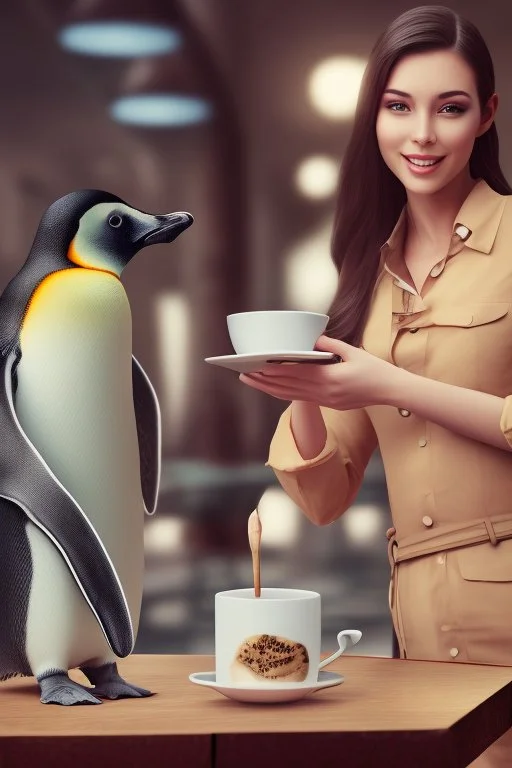 young woman talk to a penguin in coffee-shop