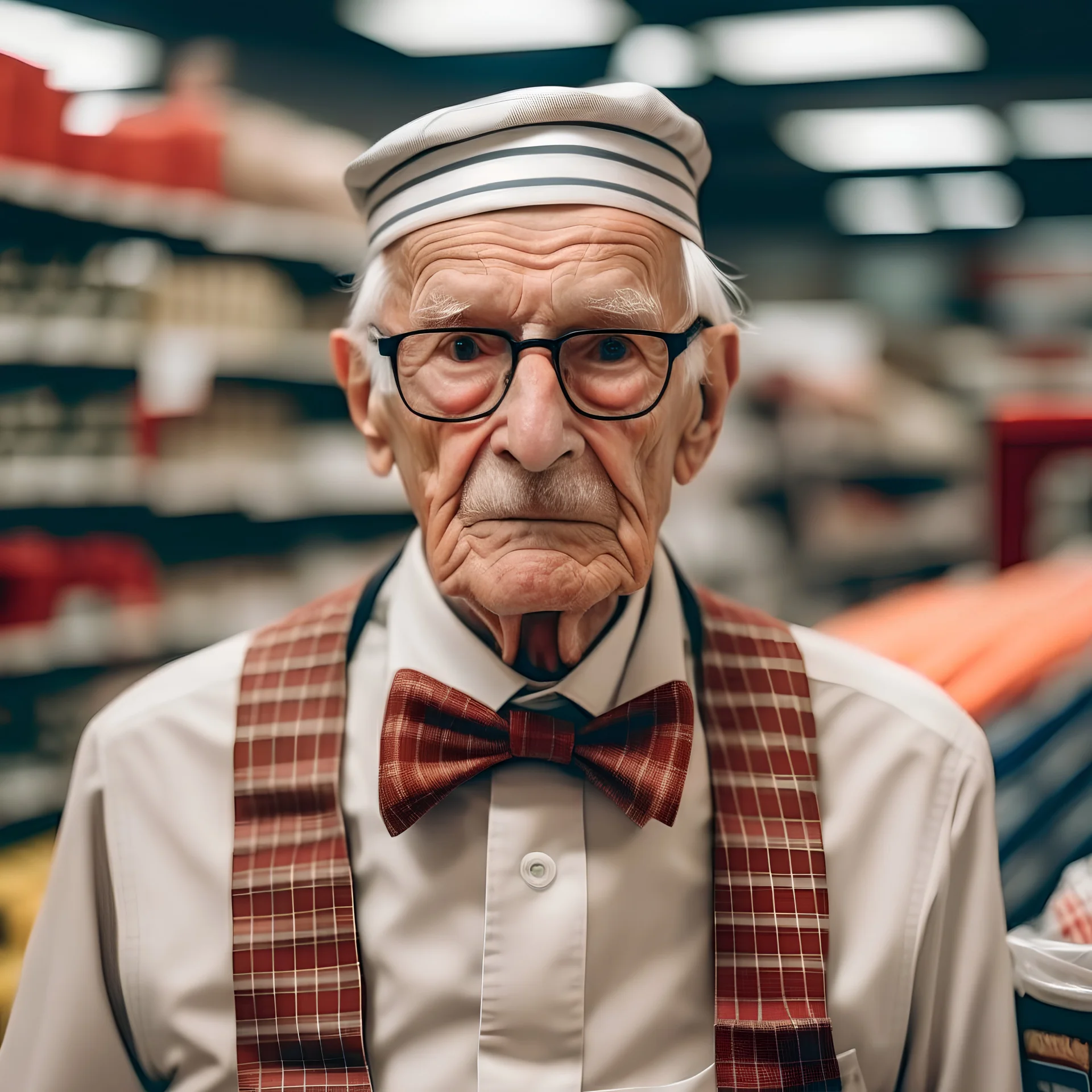 Un retrato de un anciano con corbata y un pañuelo en la cabeza en un supermercado