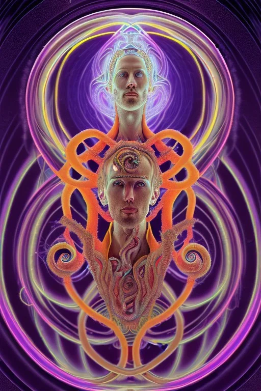 Spiritual being with Tentacles over human Head creating reality around, wrapping Spiral around Human, Psychedelic