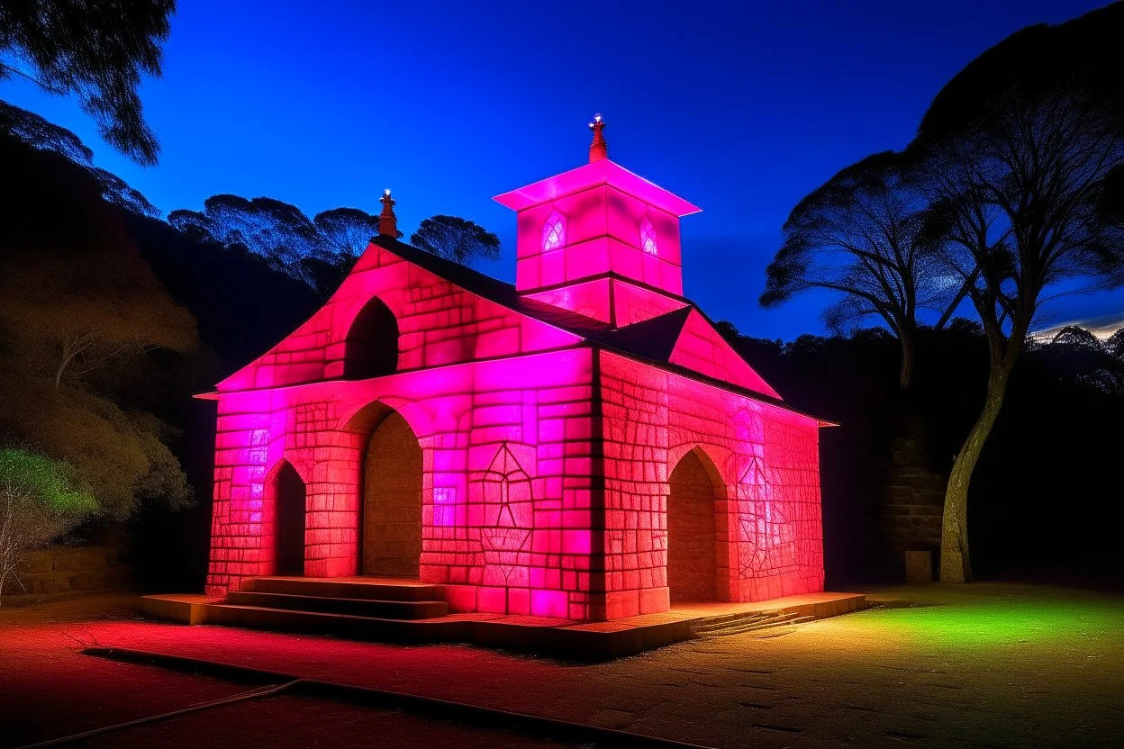 A pink light glowing monastery designed in Australian aboriginal art painted by Paul Klee