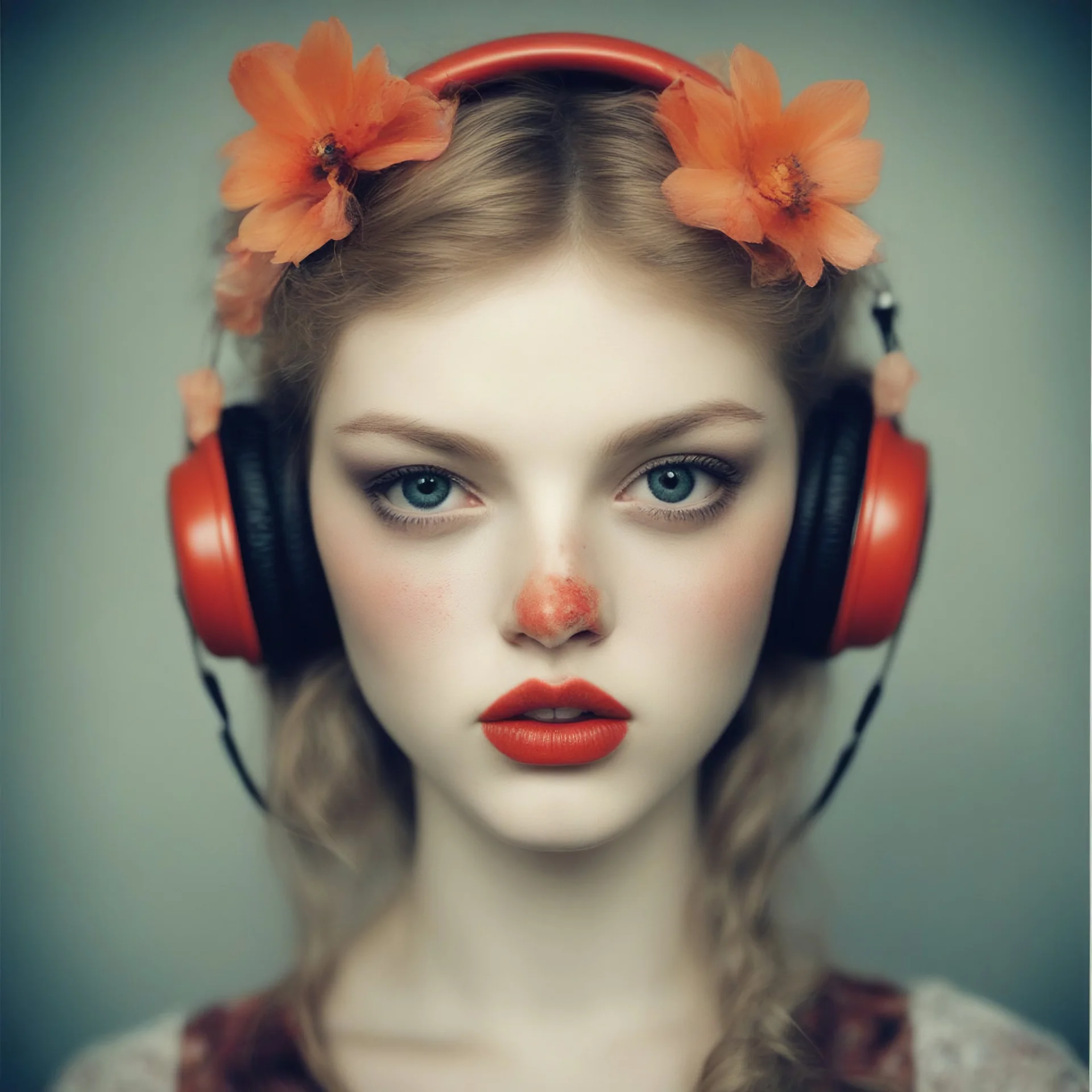 Grunge Polaroid head shot of doll faced lindsey wixson, orange pouty bee stung lips, red nose, hair adorned with tiny flowers, red cheeks and nose, headphone