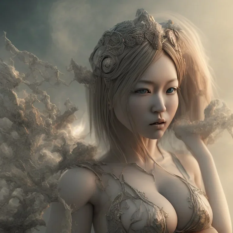 perfect face hitomi tanaka, elemental statue 8k, fog and smoke effect, chakra energy around HDR photograph