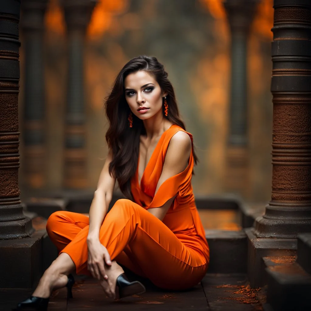 Beautiful 25 year old woman sitting wearing an orange jumpsuit. dark fantasy