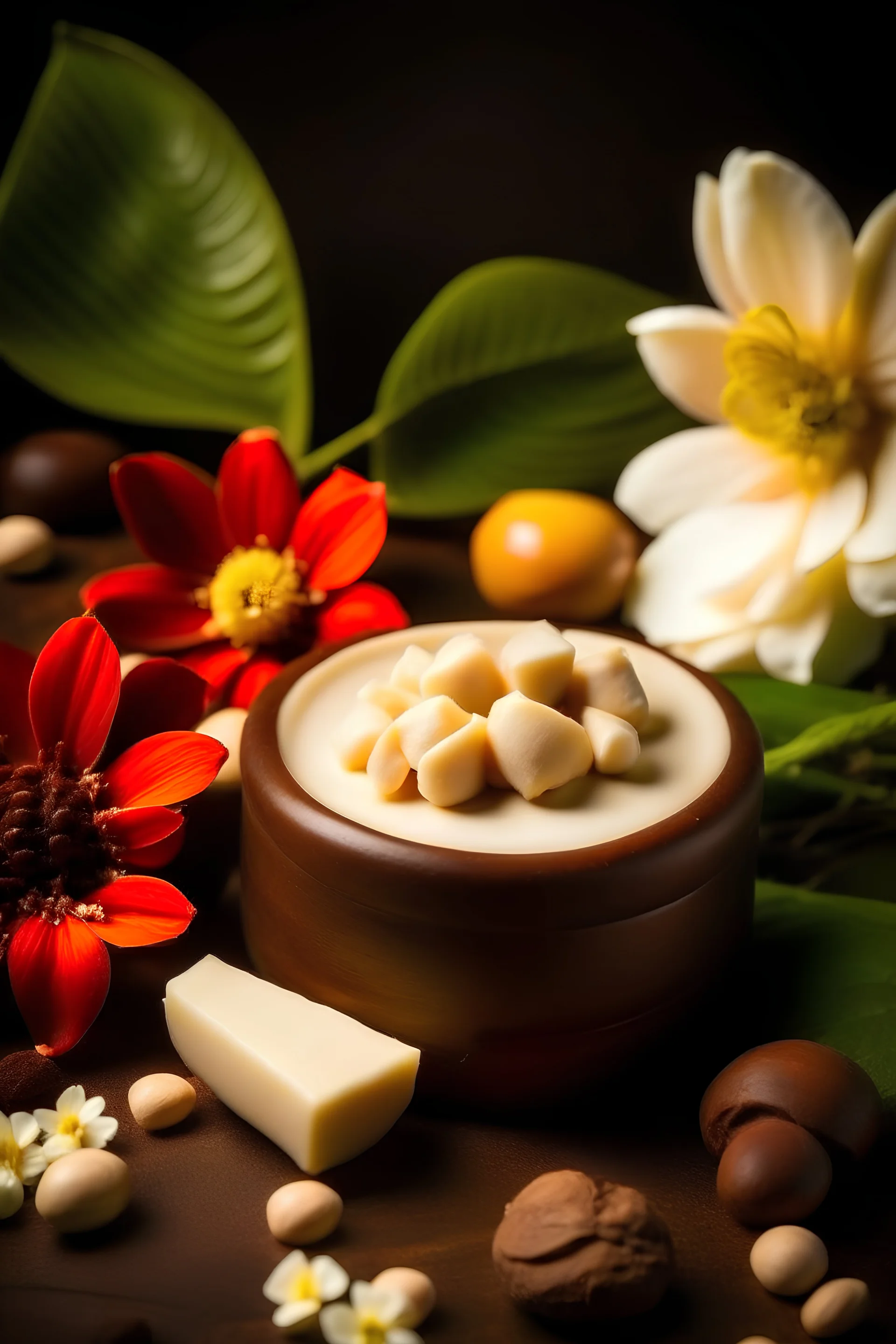 generate an image of cocoa butter diffusing aroma in surrounding with flowers