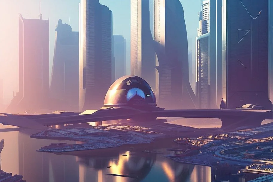 sunny day, modern contemporary city, sci-fi, people, epic