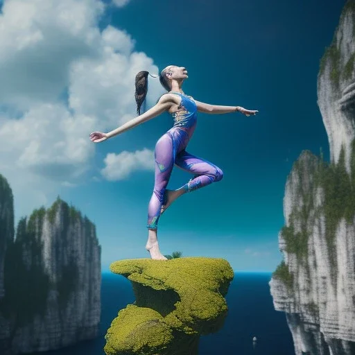 levitating yoga artist on a plattform in the air, lavo background , levitated lab equipment, 4k, Highly Detailed, Masterpiece, perfect eyes, Digital Illustration, Cinematic Lighting, Realistic, Sharp Focus, Centered, Beautifully Lit, Bioluminescent by Stanley Artgerm Lau