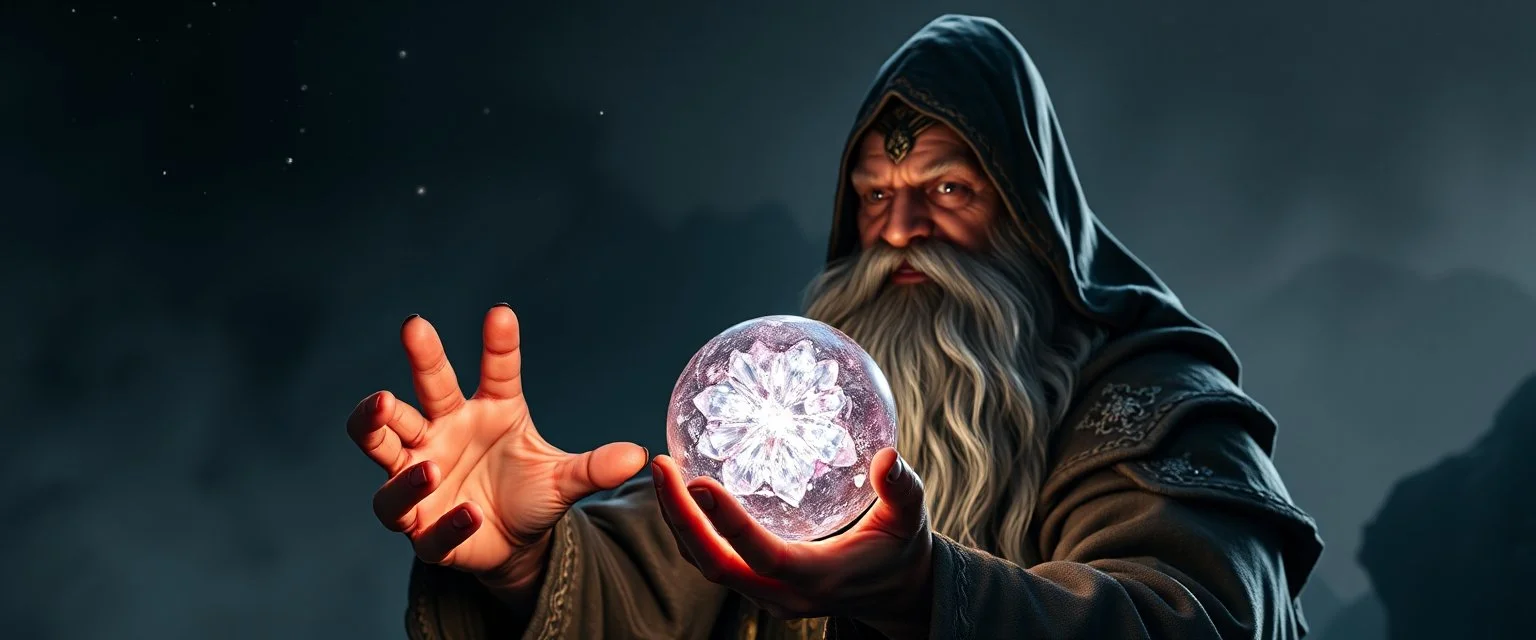 dwarven priest expert holding up a radiant Painite crystal rosette ball