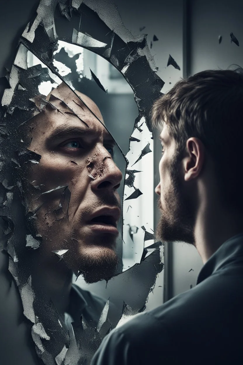 a man looking into a shattered mirror and seeing a horrifying, abstract monstrous reflection