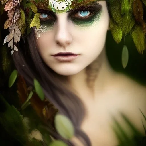 Portrait of beautiful girl, plant, metal, feathers, Dryad, fae, sidhe, ominous, nature, plants, wildflower, facepaint, dnd character portrait, intricate, oil on canvas, masterpiece, expert, insanely detailed, 4k resolution, retroanime style, cute big circular reflective eyes, cinematic smooth, intricate detail , soft smooth lighting, soft pastel colors, painted Renaissance style,bokeh, 800mm lens