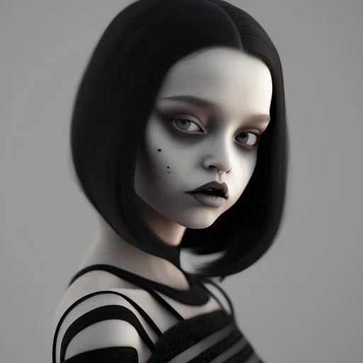 Jenna ortega black dress,soft goth libstick, wednesday addams family make up, brad double wig, addams family style, highly detailed, volumetric lighting, unreal engine, 8k