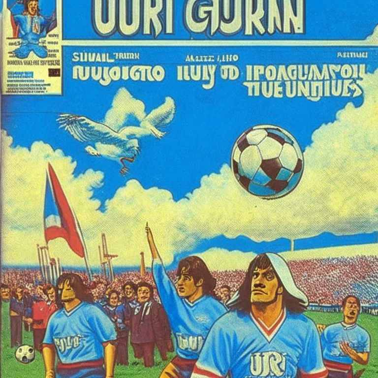 A 1980 medieval london comic cover of uruguayan sky-blue football magazine. At the street city, Monty Pyton. Estadio Centenario Montevido. Diablos.