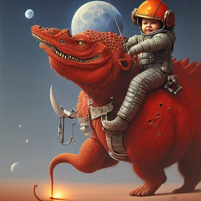 1yo little boy is on safari on the moon. riding a red dinosaur. he has big and a funny hat. High detailed. Cinematic. oil on canvas painting. Warm lights. beksinski