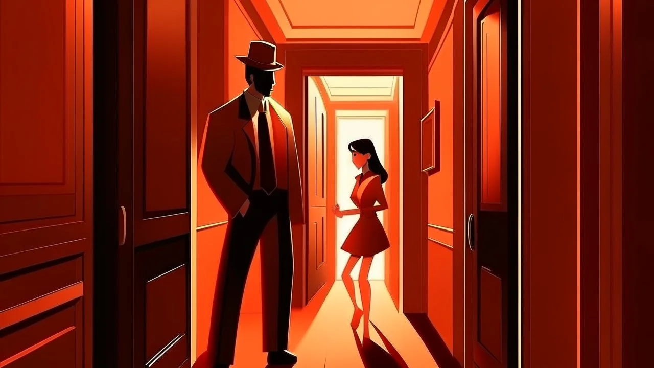 Modern flat, apathetic hitman works magic with a nymph in a narrow hallway, rich dark chestnut brown, burnt sienna and soft cream color, volumetric lighting, 3D three-dimensional lighting vector style illustration