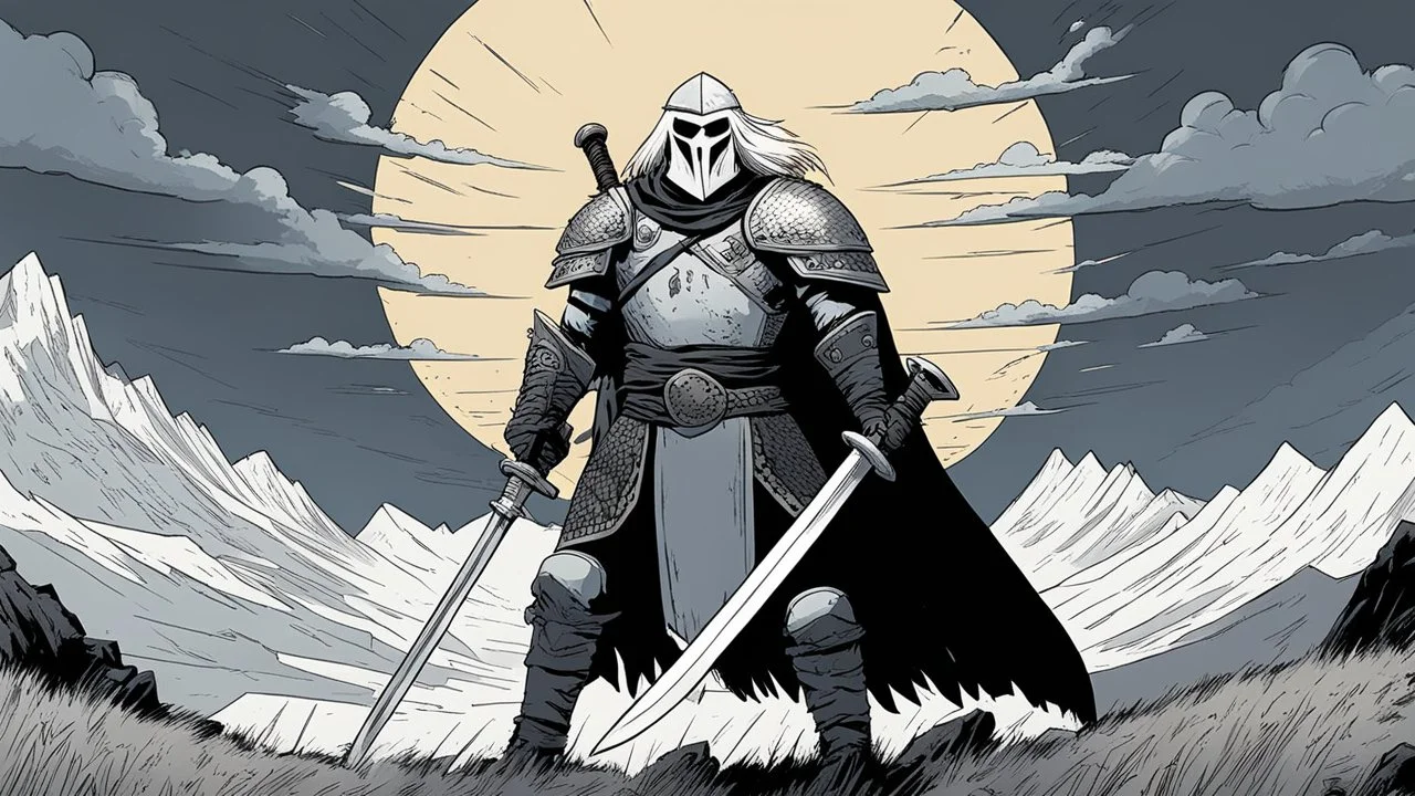 [comics Head Lopper style by Andrew MacLean] facing bone helm: a flail in one hand, a broadsword in the other hand on the top of a hill, under the storm